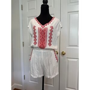 Skies Are Blue White Romper with Red Embroidery Detailing